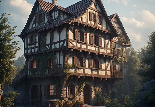 Medieval multi-story half-timbered house