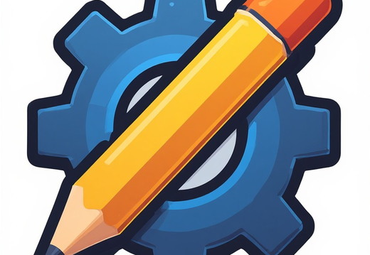 Dark blue gear with pencil angled from the lower left to the upper right 