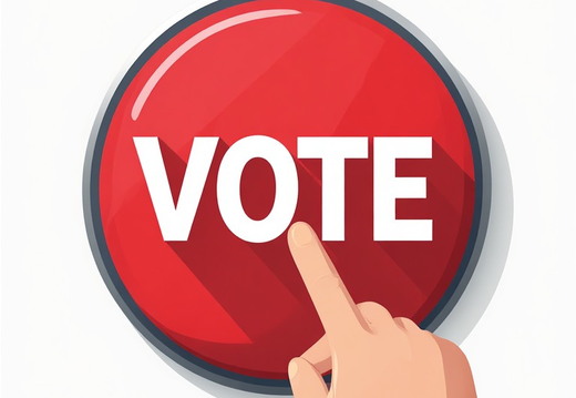 A stylized, glossy red circular button with the word "VOTE"