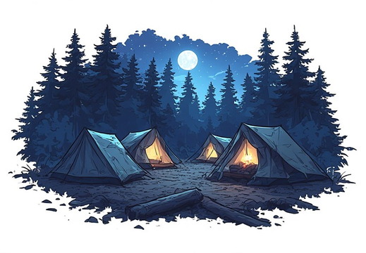 A campsite nestled within a dark, dense forest