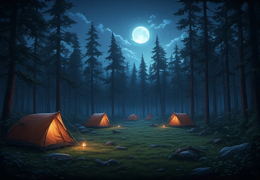 A serene nighttime camping scene