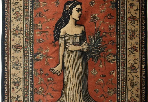 A rug features a central motif of a woman in profile, holding a bouquet of flowers