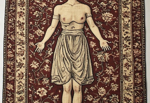 A rug with a central depiction of a full-body nude female figure.