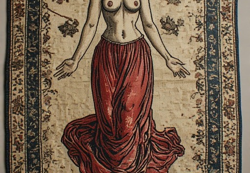 A vertical tapestry depicting a nude woman with flowing hair