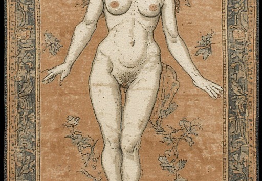 A  nude woman rendered in a tapestry or rug