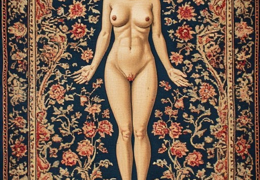  Vertically oriented tapestry featuring a central, full-length nude female figure