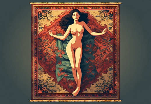 An illustration of a nude woman lying on her back, centered on an ornate Persian-style rug