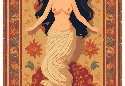 A nude woman lying gracefully on a richly patterned rug