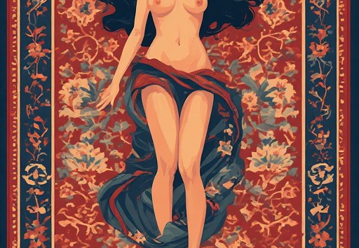 A nude woman reclining on a richly patterned rug
