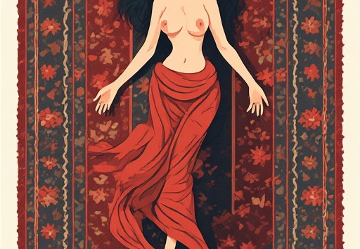 A stylized illustration of a woman lying on a richly patterned Persian rug