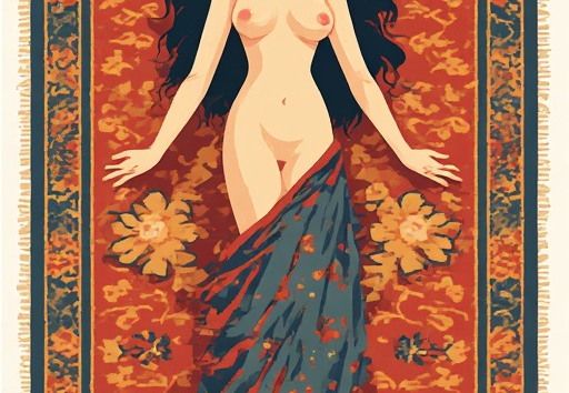A nude woman with long, dark hair, lying on a richly patterned oriental rug
