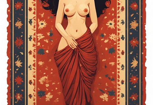A nude woman lying on a decorative carpet.