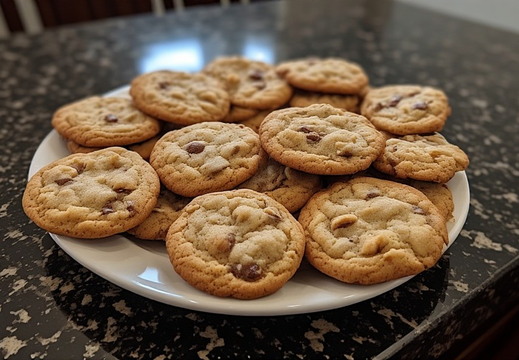 A white plate piled high with numerous chocolate chip cookies