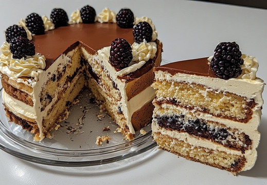 A beautifully presented layered cake with a slice removed