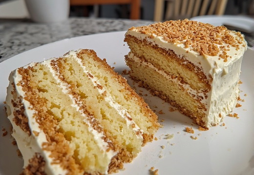 Two slices of a layered cake on a white plate