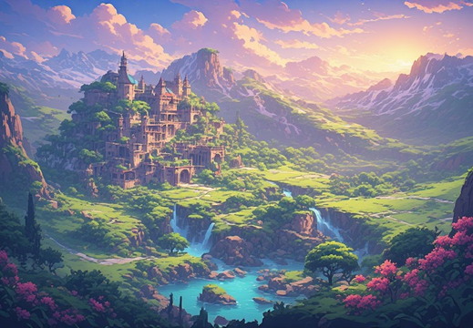 A breathtaking fantasy landscape bathed in the warm, golden light of a setting sun