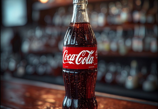 A single glass bottle of Coca-Cola stands on a polished wooden bar top