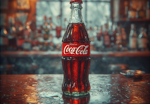 A classic glass bottle of Coca-Cola, positioned centrally on a wet, wooden bar counter