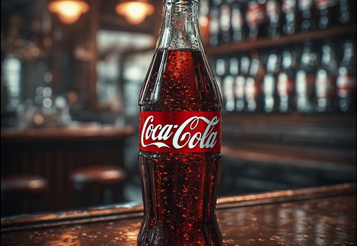 A classic glass Coca-Cola bottle filled with a dark, bubbly liquid