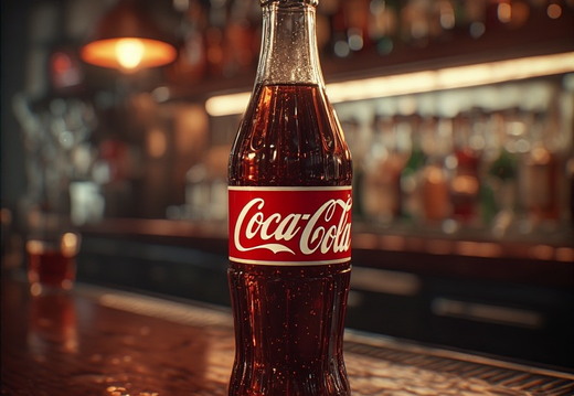 A clear glass bottle of Coca-Cola stands prominently in the foreground