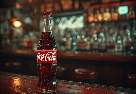 A classic glass bottle of Coca-Cola standing on a wet, wooden bar counter