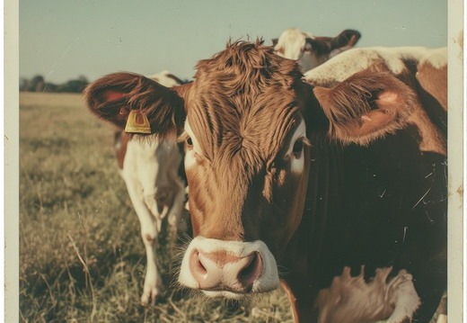 A close-up, low-angle shot features the head and upper body of a brown and white cow
