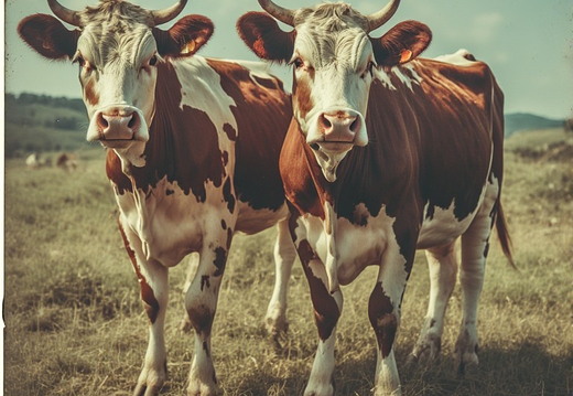 The image depicts two cows standing side-by-side in a grassy field.