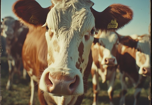 The image is a close-up, head-on shot of a brown and white cow.