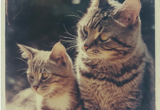 A close-up, square-format photograph featuring two tabby cats