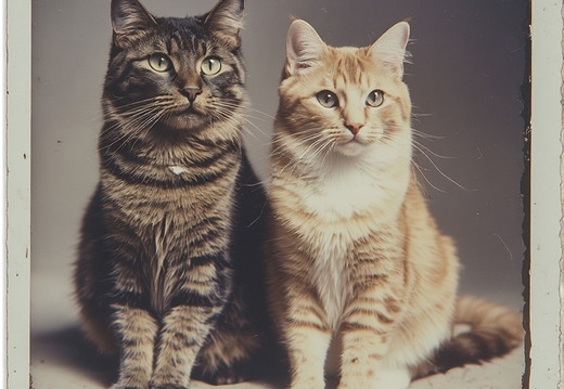 A posed studio portrait of two cats, presented as if it were an old photograph 