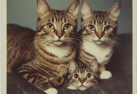 A studio portrait of three tabby cats of varying sizes