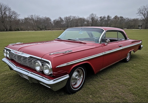 A classic red Chevrolet Impala from the early 1960s