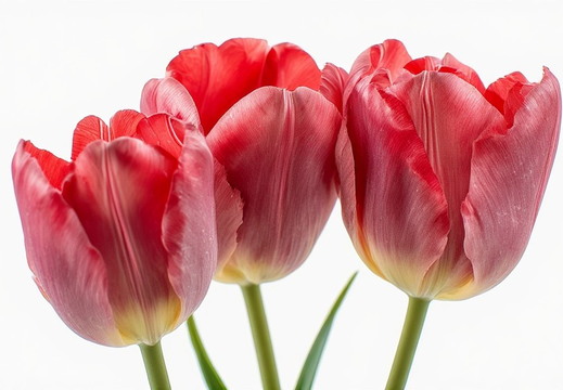 Close-up, studio shot of three vibrant red tulips