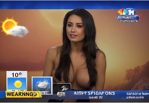 A weather broadcast scene with a female presenter wearing minimal clothing