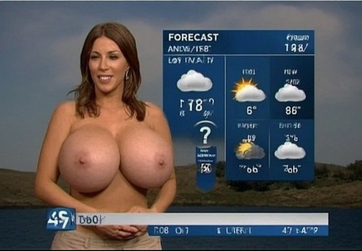 A woman with large breasts standing in front of a weather forecast graphic